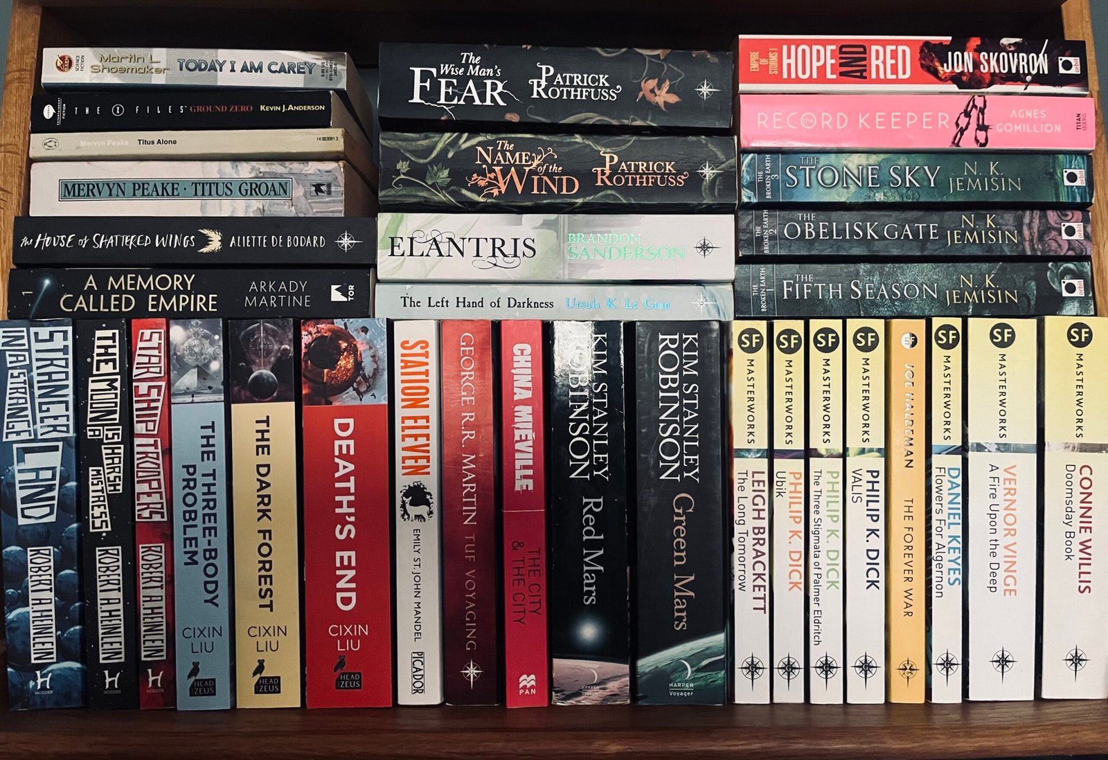 Bookshelf showing spines of books
